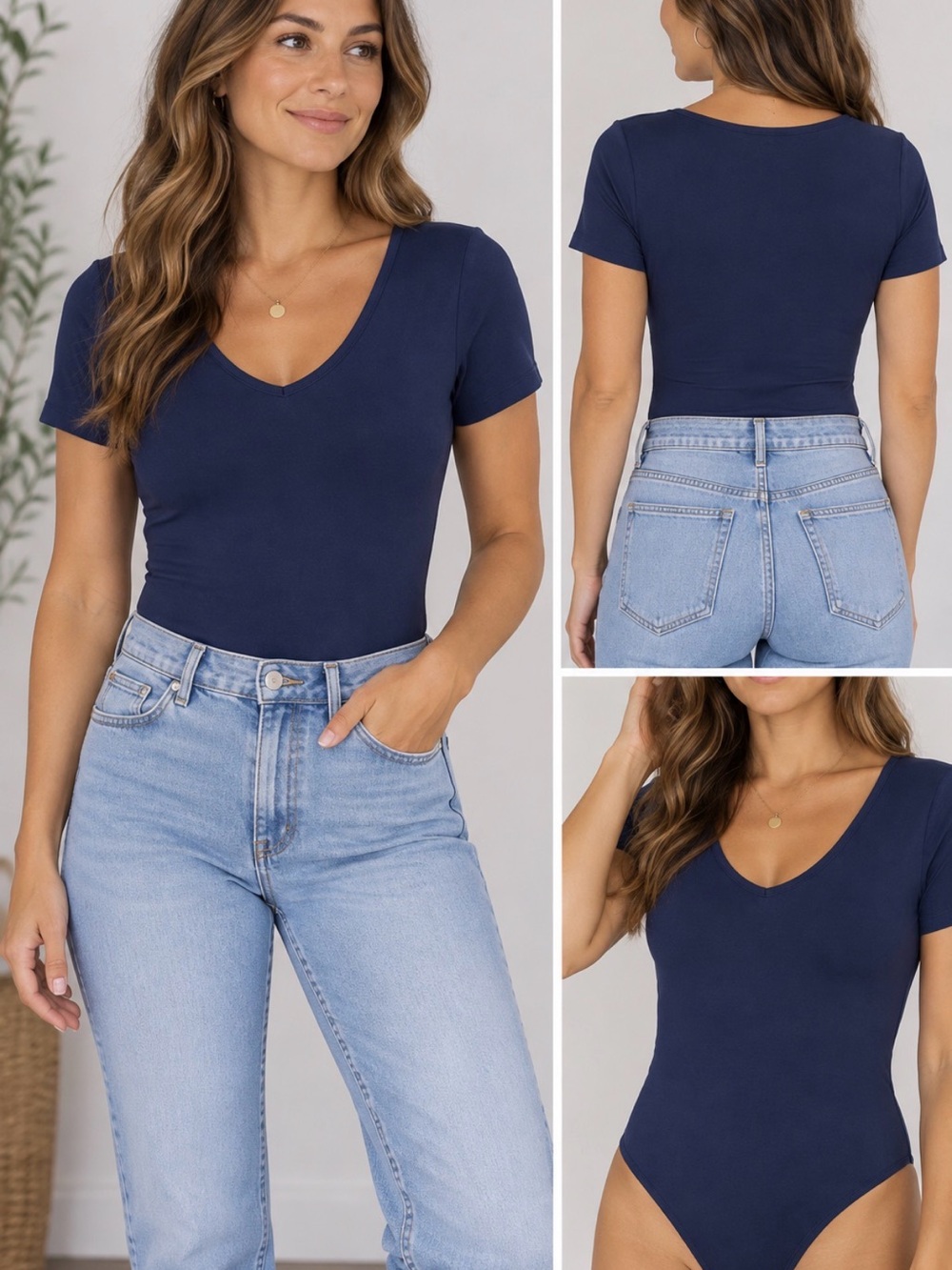 Classic V-Neck Short Sleeve Bodysuit - Navy